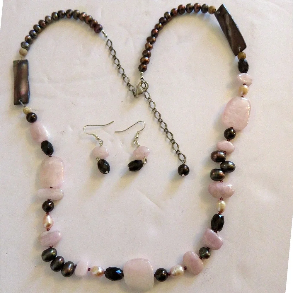 Rose Quartz & Freshwater Pearl Beaded Necklace and Earring Set Pink Brown Silver
